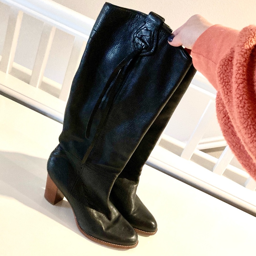 Coach Black Leather Mid-Calf Almond Toe 3” Chunky Heeled Boots Size 9.5